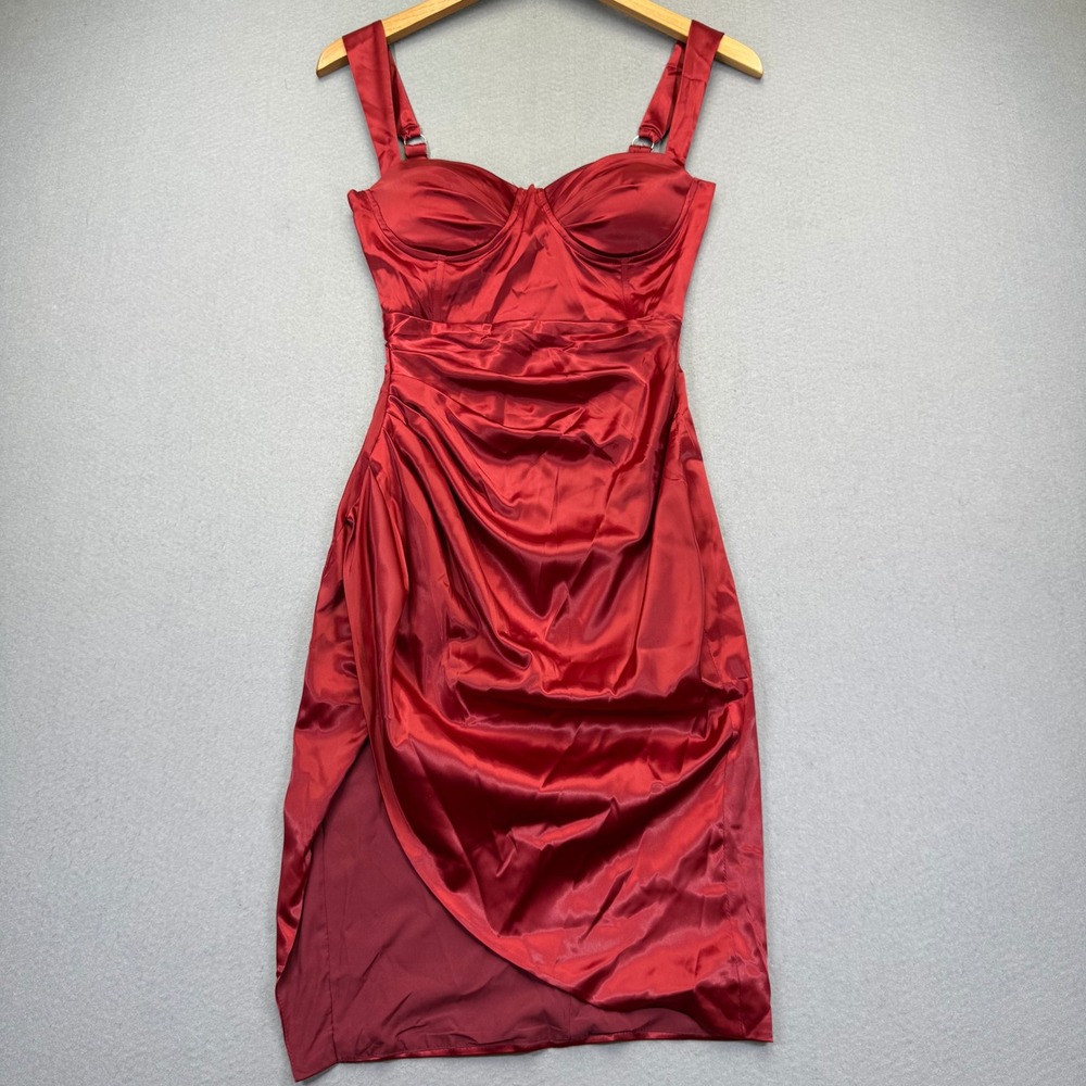 Heiress Beverly Hills Red Satin Ruched Bustier Midi Dress XS Bodycon Glam